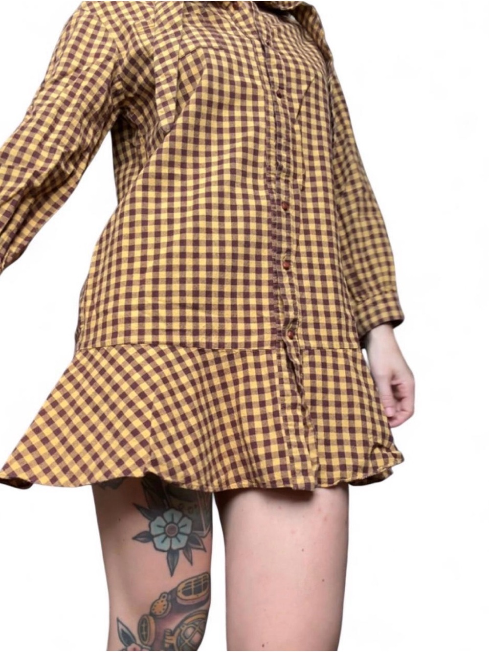 Vintage Linda Ltd Brown & Mustard Gingham Babydoll Shirt Dress | Cottagecore